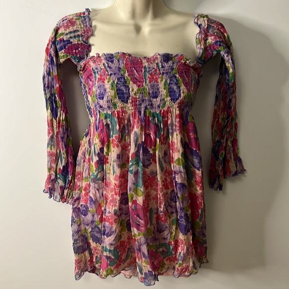 BETSY JOHNSON SILK FLORAL OFF THE SHOULDER‎ SMOCKED PUFF SLEEVES MINI DRESS SZ S - Picture 2 of 10